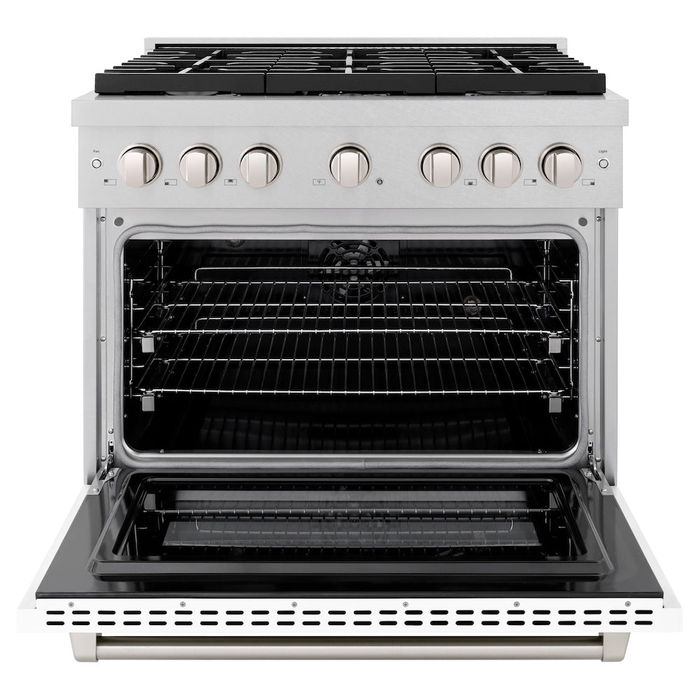 ZLINE 36 in. 5.2 cu. ft. Paramount Dual Fuel Range with 6 Burner Gas Cooktop and Electric Convection Oven in Satin Stainless Steel with White Matte Door (SDRS-WM-36) front, open.