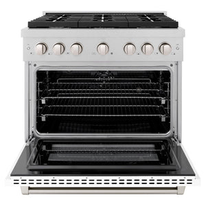 ZLINE 36 in. 5.2 cu. ft. Paramount Dual Fuel Range with 6 Burner Gas Cooktop and Electric Convection Oven in Satin Stainless Steel with White Matte Door (SDRS-WM-36) front, open.
