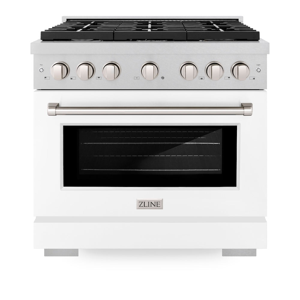 ZLINE 36 in. 5.2 cu. ft. Paramount Dual Fuel Range with 6 Burner Gas Cooktop and Electric Convection Oven in Satin Stainless Steel with White Matte Door (SDRS-WM-36) front, oven closed.