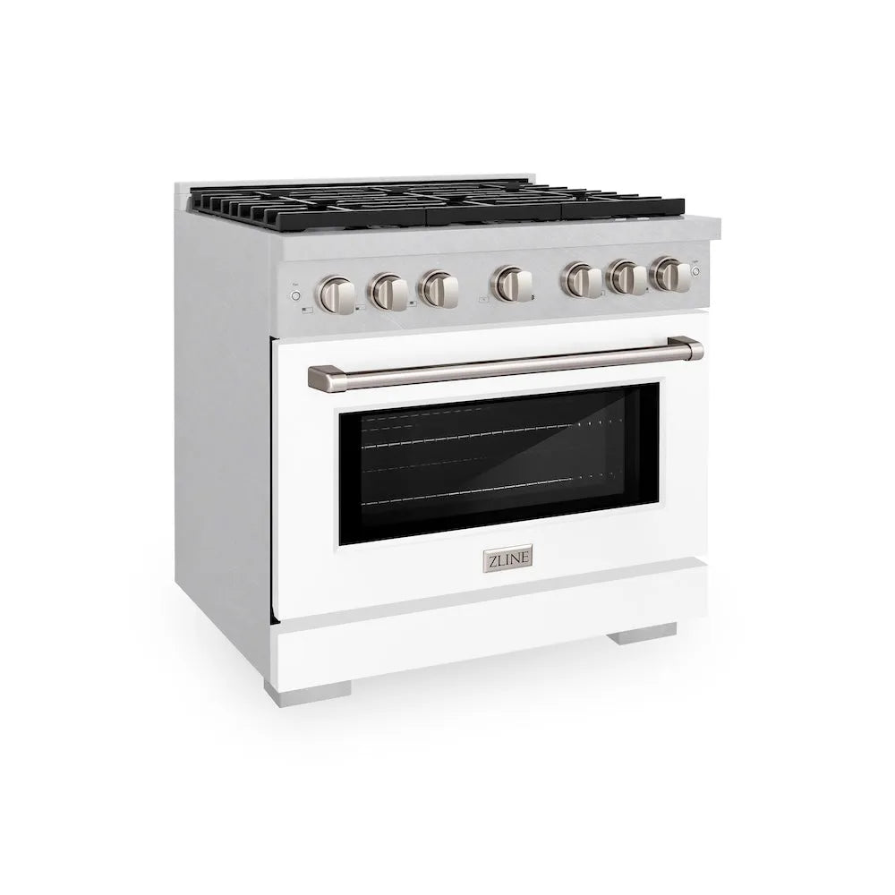ZLINE 36 in. 5.2 cu. ft. Paramount Dual Fuel Range with 6 Burner Gas Cooktop and Electric Convection Oven in Satin Stainless Steel with White Matte Door (SDRS-WM-36) main image.