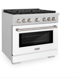 ZLINE 36 in. 5.2 cu. ft. Paramount Dual Fuel Range with 6 Burner Gas Cooktop and Electric Convection Oven in Satin Stainless Steel with White Matte Door (SDRS-WM-36) side, oven closed.