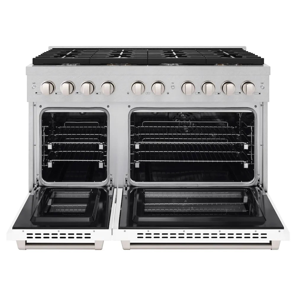 ZLINE 48 in. 6.7 cu. ft. Paramount Double Oven Dual Fuel Range with 8 Burner Gas Cooktop in Satin Stainless Steel with White Matte Doors (SDRS-WM-48) front, open.
