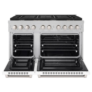ZLINE 48 in. 6.7 cu. ft. Paramount Double Oven Dual Fuel Range with 8 Burner Gas Cooktop in Satin Stainless Steel with White Matte Doors (SDRS-WM-48) front, open.