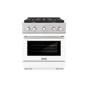 ZLINE 30 in. 4.2 cu. ft. Paramount Gas Range with 4 Burner Cooktop and Convection Gas Oven in Satin Stainless Steel with White Matte Door (SGRS-WM-30) front.