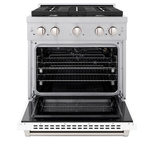 ZLINE 30 in. 4.2 cu. ft. Paramount Gas Range with 4 Burner Cooktop and Convection Gas Oven in Satin Stainless Steel with White Matte Door (SGRS-WM-30) front, open.