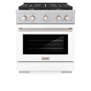 ZLINE 30 in. 4.2 cu. ft. Paramount Gas Range with 4 Burner Cooktop and Convection Gas Oven in Satin Stainless Steel with White Matte Door (SGRS-WM-30) front, oven closed.