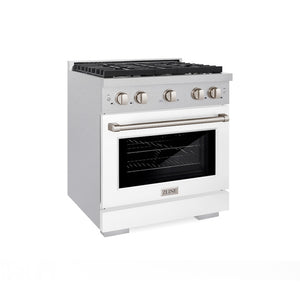 ZLINE 30 in. 4.2 cu. ft. Paramount Gas Range with 4 Burner Cooktop and Convection Gas Oven in Satin Stainless Steel with White Matte Door (SGRS-WM-30) side.