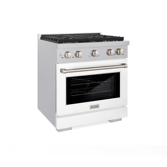 ZLINE 30 in. 4.2 cu. ft. Paramount Gas Range with 4 Burner Cooktop and Convection Gas Oven in Satin Stainless Steel with White Matte Door (SGRS-WM-30) side.