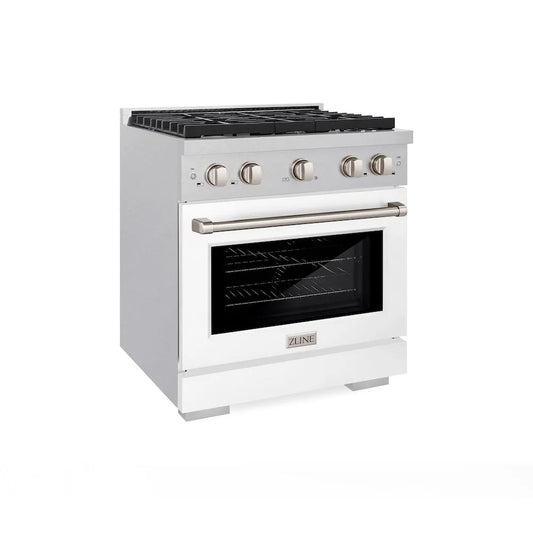 ZLINE 30 in. 4.2 cu. ft. Paramount Gas Range with 4 Burner Cooktop and Convection Gas Oven in Satin Stainless Steel with White Matte Door (SGRS-WM-30) main image.