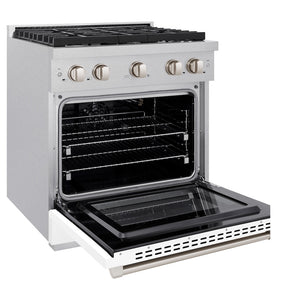 ZLINE 30 in. 4.2 cu. ft. Paramount Gas Range with 4 Burner Cooktop and Convection Gas Oven in Satin Stainless Steel with White Matte Door (SGRS-WM-30) side, oven open.