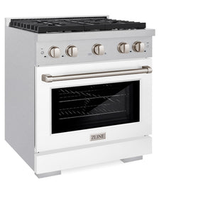 ZLINE 30 in. 4.2 cu. ft. Paramount Gas Range with 4 Burner Cooktop and Convection Gas Oven in Satin Stainless Steel with White Matte Door (SGRS-WM-30) side, oven closed.