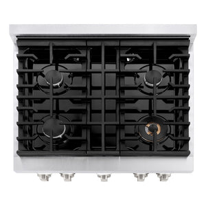 ZLINE 30 in. 4.2 cu. ft. Paramount Gas Range with 4 Burner Cooktop and Convection Gas Oven in Satin Stainless Steel with White Matte Door (SGRS-WM-30) top down, above cooktop.