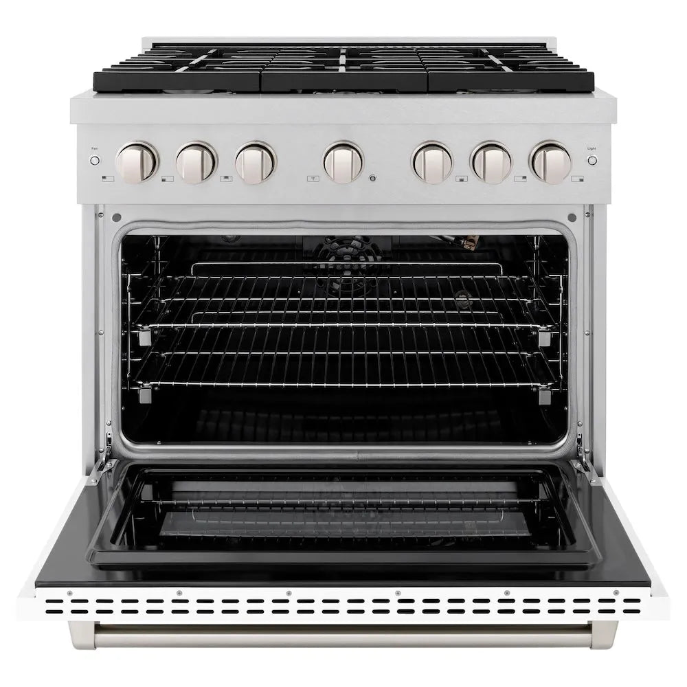 ZLINE 36 in. 5.2 cu. ft. Paramount Gas Range with 6 Burner Cooktop and Convection Gas Oven in Satin Stainless Steel with White Matte Door (SGRS-WM-36) front, open.