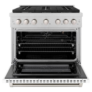 ZLINE 36 in. 5.2 cu. ft. Paramount Gas Range with 6 Burner Cooktop and Convection Gas Oven in Satin Stainless Steel with White Matte Door (SGRS-WM-36) front, open.