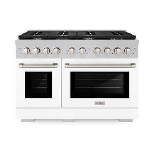 ZLINE 48 in. 6.7 cu. ft. Paramount Double Oven Gas Range with 8 Burner Cooktop in Satin Stainless Steel with White Matte Doors (SGRS-WM-48) front.