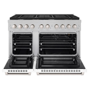 ZLINE 48 in. 6.7 cu. ft. Paramount Double Oven Gas Range with 8 Burner Cooktop in Satin Stainless Steel with White Matte Doors (SGRS-WM-48) front, open.