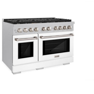 ZLINE 48 in. 6.7 cu. ft. Paramount Double Oven Gas Range with 8 Burner Cooktop in Satin Stainless Steel with White Matte Doors (SGRS-WM-48) side, oven closed.