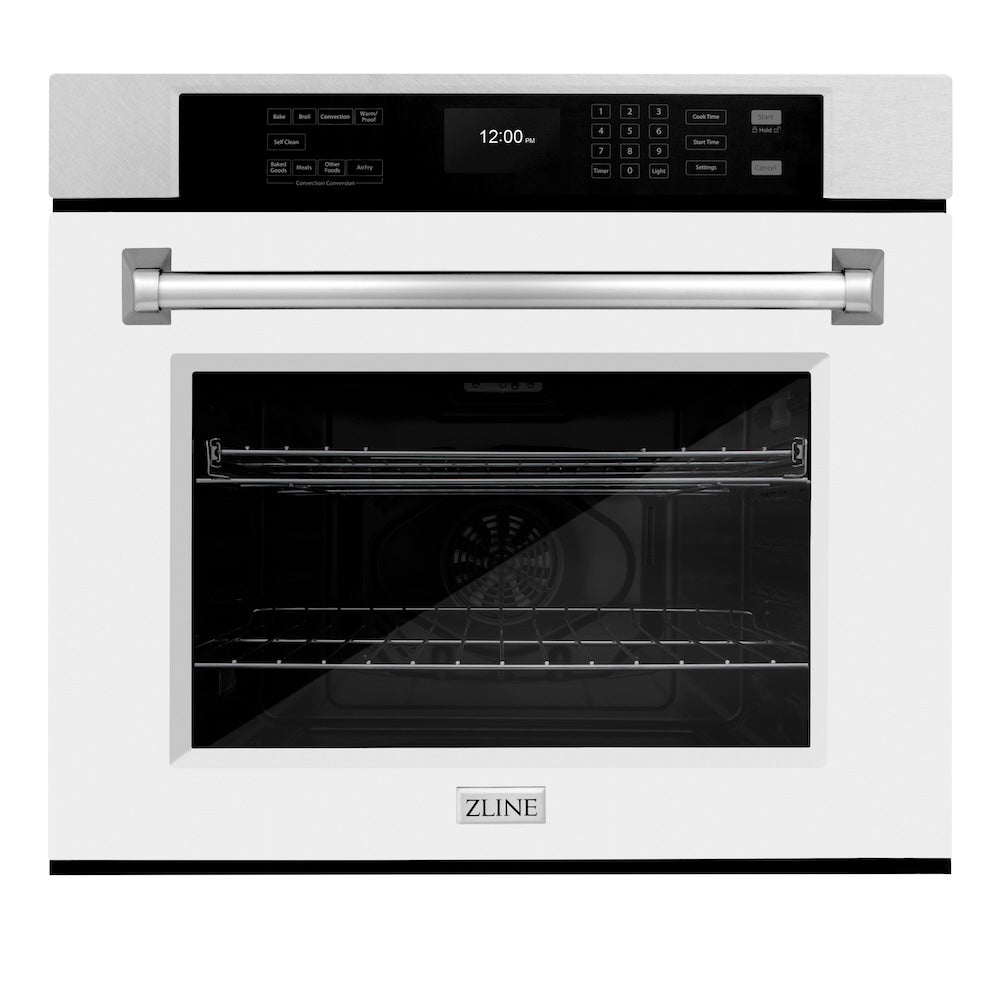 ZLINE 30 in. Professional True Convection Single Wall Oven with Air Fry and Self Clean in Satin Stainless Steel with White Matte Door (WASS-WM-30) front.