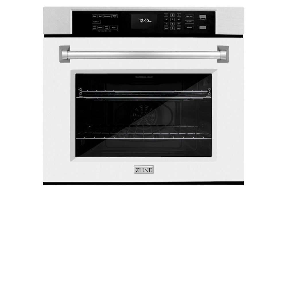 ZLINE 30 in. Professional True Convection Single Wall Oven with Air Fry and Self Clean in Satin Stainless Steel with White Matte Door (WASS-WM-30) front, closed.