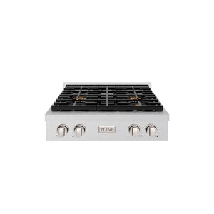 ZLINE 30 in. Paramount Gas Rangetop with 4 Burner DuoPro™ Cooktop in Satin Stainless Steel (PSRTS-30) front.