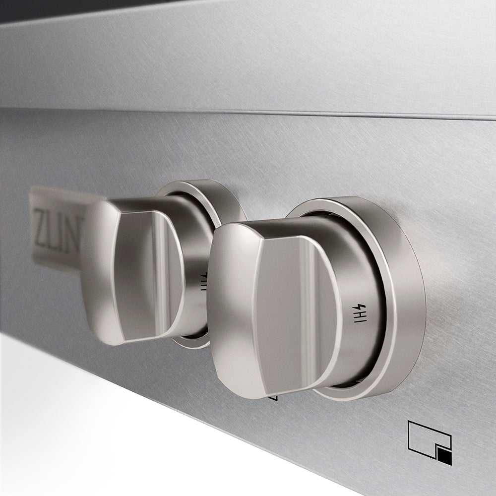 ZLINE 30 in. Paramount Gas Rangetop with 4 Burner DuoPro™ Cooktop in Satin Stainless Steel (PSRTS-30) close-up of cooktop knobs.