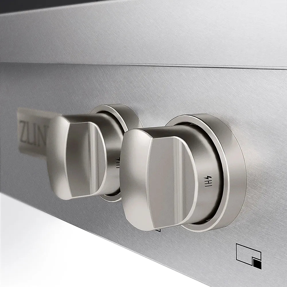 ZLINE 30 in. Paramount Gas Rangetop with 4 Burner DuoPro™ Cooktop in Satin Stainless Steel (PSRTS-30) cooktop knobs.