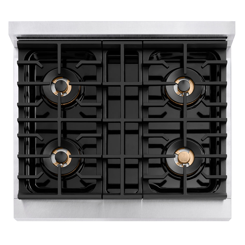 ZLINE Autograph Edition 30 in. Paramount Gas Rangetop with 4 Burner DuoPro™ Cooktop in Satin Stainless Steel and Champagne Bronze Accents (PSRTSZ-30-CB) top-down, above cooktop.