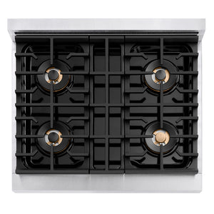 ZLINE Autograph Edition 30 in. Paramount Gas Rangetop with 4 Burner DuoPro™ Cooktop in Satin Stainless Steel and Champagne Bronze Accents (PSRTSZ-30-CB) top-down, above cooktop.
