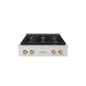 ZLINE Autograph Edition 30 in. Paramount Gas Rangetop with 4 Burner DuoPro™ Cooktop in Satin Stainless Steel and Champagne Bronze Accents (PSRTSZ-30-CB) front.
