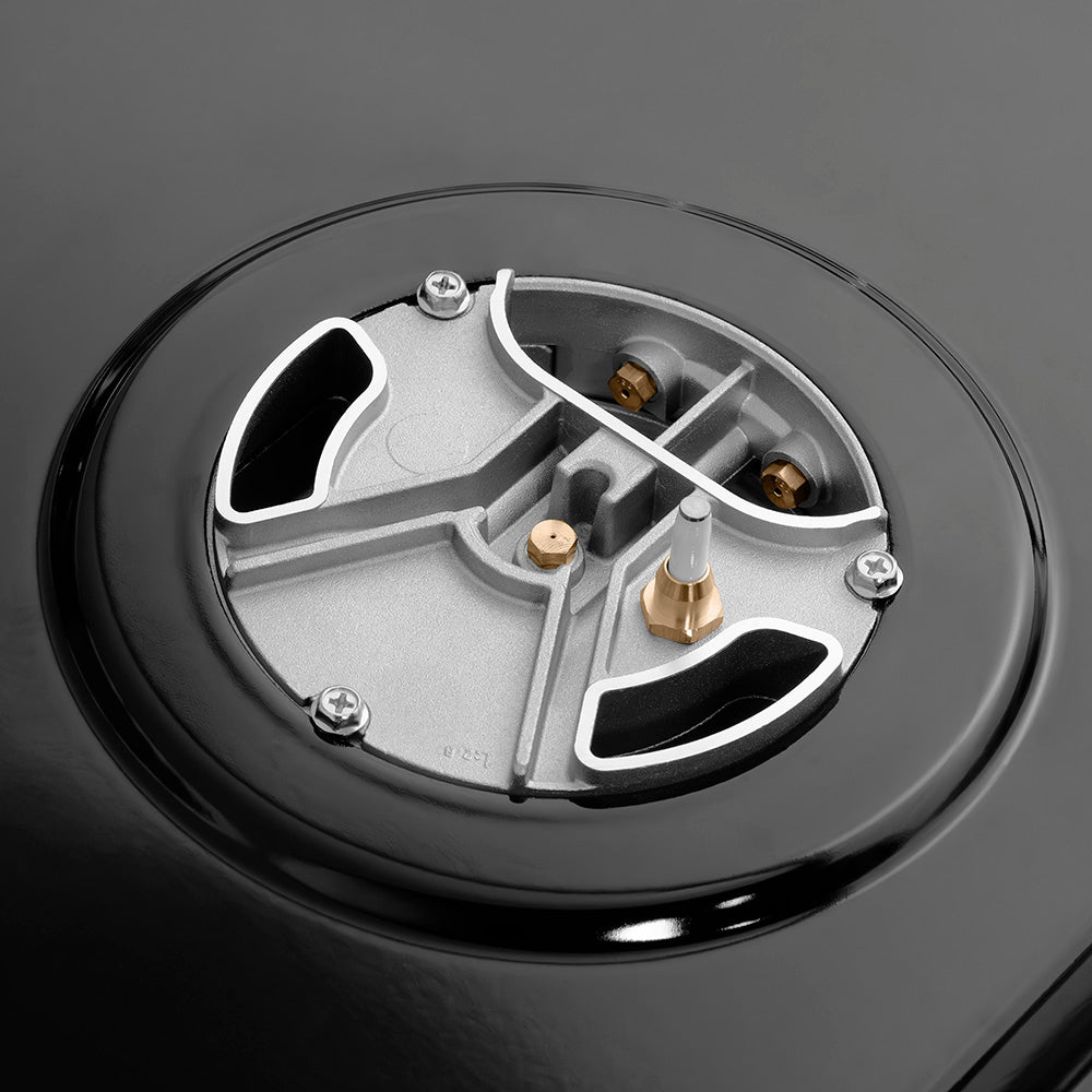 ZLINE Autograph Edition 30 in. Paramount Gas Rangetop with 4 Burner DuoPro™ Cooktop in Satin Stainless Steel and Champagne Bronze Accents (PSRTSZ-30-CB) under burner.