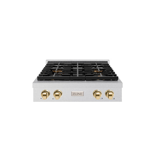 ZLINE Autograph Edition 30 in. Paramount Gas Rangetop with 4 Burner DuoPro™ Cooktop in Satin Stainless Steel and Polished Gold Accents (PSRTSZ-30-G) front.