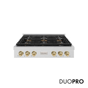 ZLINE Autograph Edition 36 in. Paramount Gas Rangetop with 6 Burner DuoPro™ Cooktop in Satin Stainless Steel and Champagne Bronze Accents (PSRTSZ-36-CB)
