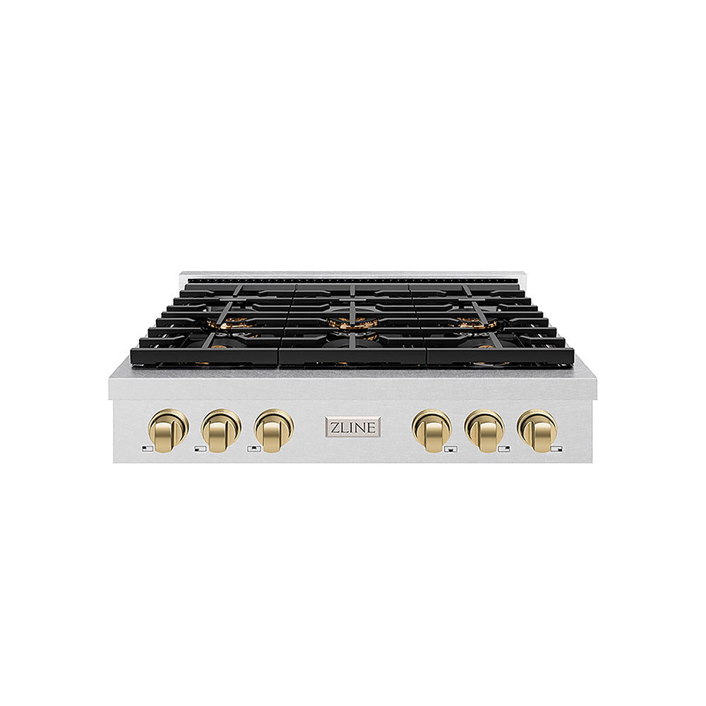 ZLINE Autograph Edition 36 in. Paramount Gas Rangetop with 6 Burner DuoPro™ Cooktop in Satin Stainless Steel and Champagne Bronze Accents (PSRTSZ-36-CB)