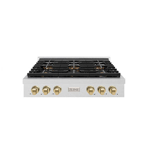 ZLINE Autograph Edition 36 in. Paramount Gas Rangetop with 6 Burner DuoPro™ Cooktop in Satin Stainless Steel and Champagne Bronze Accents (PSRTSZ-36-CB)