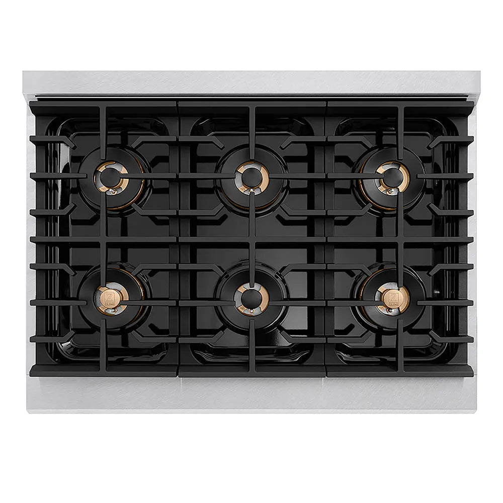 ZLINE Autograph Edition 36 in. Paramount Gas Rangetop with 6 Burner DuoPro™ Cooktop in Satin Stainless Steel and Champagne Bronze Accents (PSRTSZ-36-CB) top-down, above cooktop.