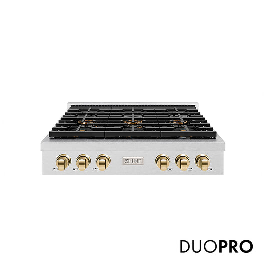 ZLINE Autograph Edition 36 in. Paramount Gas Rangetop with 6 Burner DuoPro™ Cooktop in Satin Stainless Steel and Polished Gold Accents (PSRTSZ-36-G) front, with DuoPro™ logo.