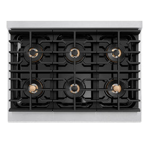 ZLINE Autograph Edition 36 in. Paramount Gas Rangetop with 6 Burner DuoPro™ Cooktop in Satin Stainless Steel and Polished Gold Accents (PSRTSZ-36-G) top-down, above cooktop.