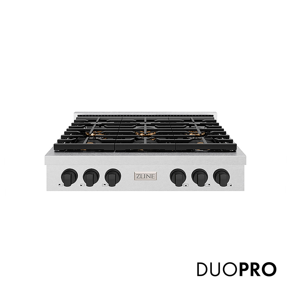 ZLINE Autograph Edition 36 in. Paramount Gas Rangetop with 6 Burner DuoPro™ Cooktop in Satin Stainless Steel and Matte Black Accents (PSRTSZ-36-MB) front, with DuoPro™ logo.