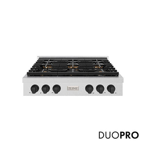 ZLINE Autograph Edition 36 in. Paramount Gas Rangetop with 6 Burner DuoPro™ Cooktop in Satin Stainless Steel and Matte Black Accents (PSRTSZ-36-MB) front, with DuoPro™ logo.