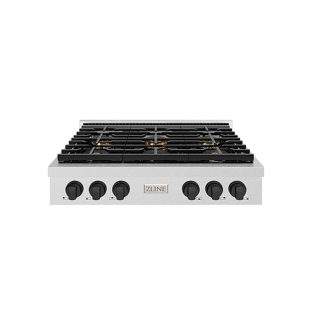 ZLINE Autograph Edition 36 in. Paramount Gas Rangetop with 6 Burner DuoPro™ Cooktop in Satin Stainless Steel and Matte Black Accents (PSRTSZ-36-MB) front.