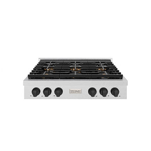 ZLINE Autograph Edition 36 in. Paramount Gas Rangetop with 6 Burner DuoPro™ Cooktop in Satin Stainless Steel and Matte Black Accents (PSRTSZ-36-MB) front.