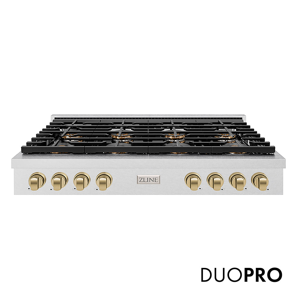 ZLINE Autograph Edition 48 in. Paramount Gas Rangetop with 8 Burner DuoPro™ Cooktop in Satin Stainless Steel and Champagne Bronze Accents (PSRTSZ-48-CB) front, with DuoPro™ logo.