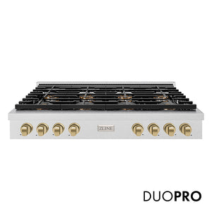 ZLINE Autograph Edition 48 in. Paramount Gas Rangetop with 8 Burner DuoPro™ Cooktop in Satin Stainless Steel and Champagne Bronze Accents (PSRTSZ-48-CB) front, with DuoPro™ logo.