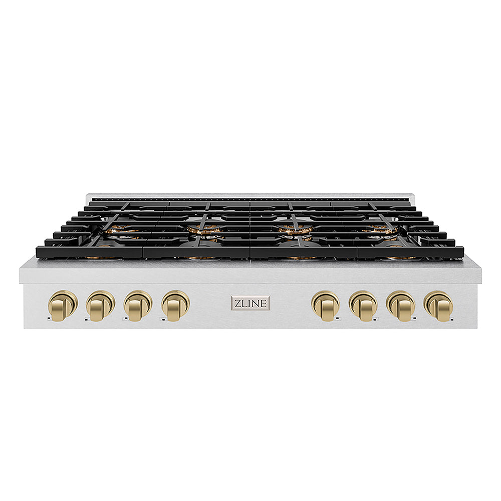 ZLINE Autograph Edition 48 in. Paramount Gas Rangetop with 8 Burner DuoPro™ Cooktop in Satin Stainless Steel and Champagne Bronze Accents (PSRTSZ-48-CB) front.