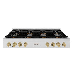 ZLINE Autograph Edition 48 in. Paramount Gas Rangetop with 8 Burner DuoPro™ Cooktop in Satin Stainless Steel and Champagne Bronze Accents (PSRTSZ-48-CB) front.