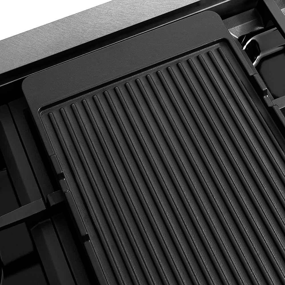 ZLINE Autograph Edition 48 in. Paramount Gas Rangetop with 8 Burner DuoPro™ Cooktop in Satin Stainless Steel and Champagne Bronze Accents (PSRTSZ-48-CB) reversible griddle ribbed side.