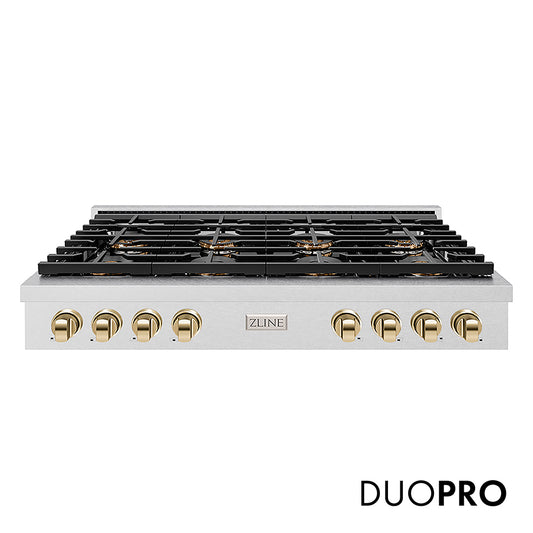 ZLINE Autograph Edition 48 in. Paramount Gas Rangetop with 8 Burner DuoPro™ Cooktop in Satin Stainless Steel and Polished Gold Accents (PSRTSZ-48-G) front, with DuoPro™ logo.