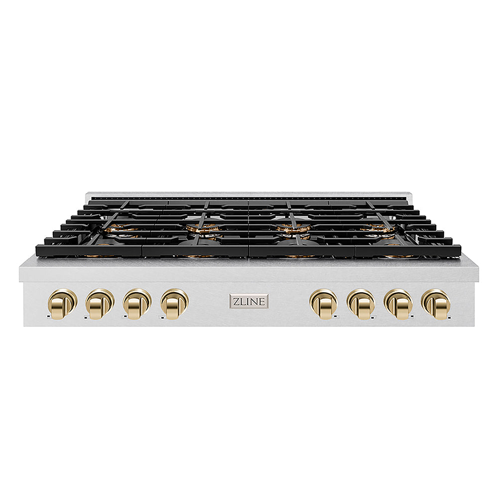 ZLINE Autograph Edition 48 in. Paramount Gas Rangetop with 8 Burner DuoPro™ Cooktop in Satin Stainless Steel and Polished Gold Accents (PSRTSZ-48-G) front.