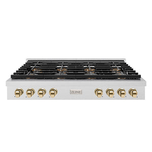ZLINE Autograph Edition 48 in. Paramount Gas Rangetop with 8 Burner DuoPro™ Cooktop in Satin Stainless Steel and Polished Gold Accents (PSRTSZ-48-G) front.