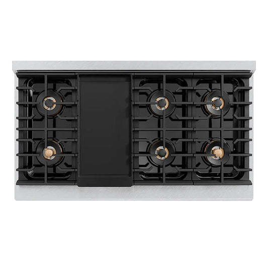 ZLINE Autograph Edition 48 in. Paramount Gas Rangetop with 8 Burner DuoPro™ Cooktop in Satin Stainless Steel and Polished Gold Accents (PSRTSZ-48-G) top-down, above cooktop with griddle.